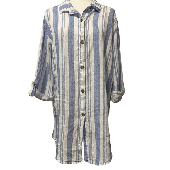 Viola Borghi Tops - Viola Borghi 100% Linen Striped‎ Blue White Medium Tunic Dress Classic Nautical